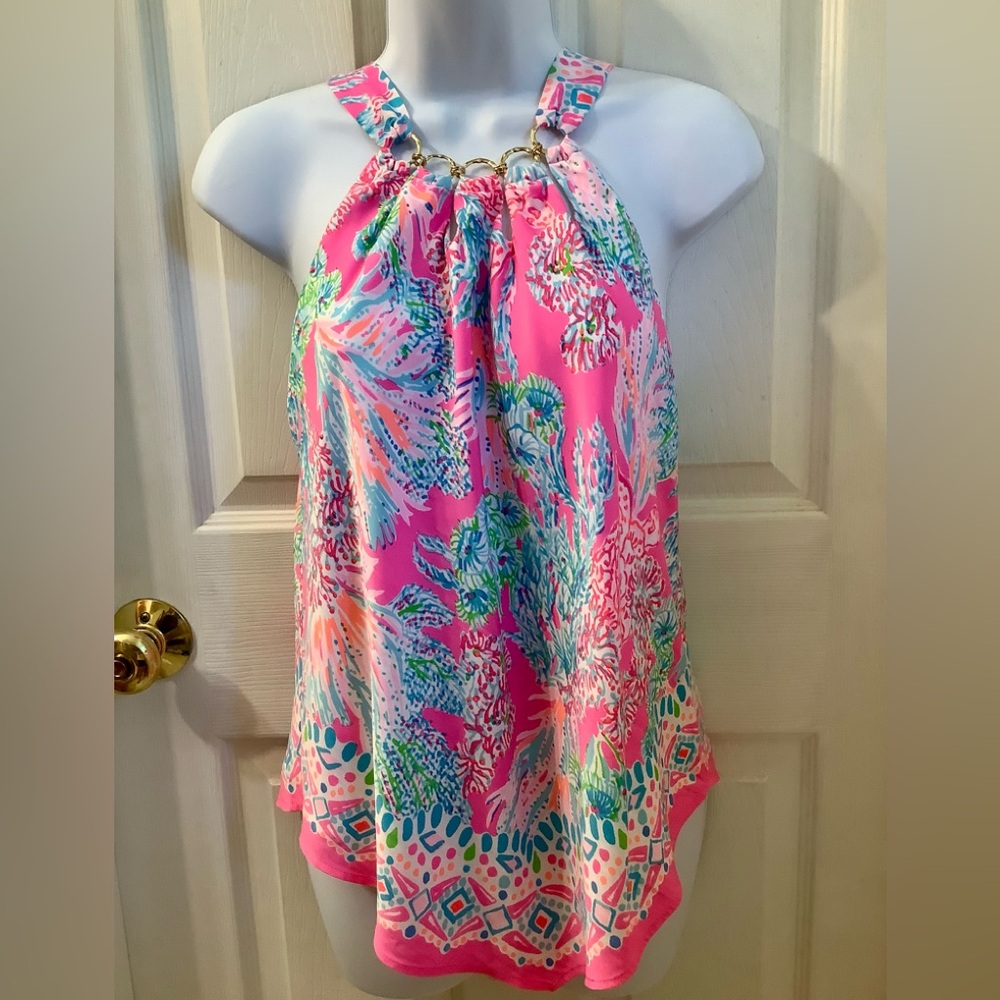NWOT Lilly Pulitzer Julien Halter Top, Hot Pink Multi Coral Reef Garden - XS
